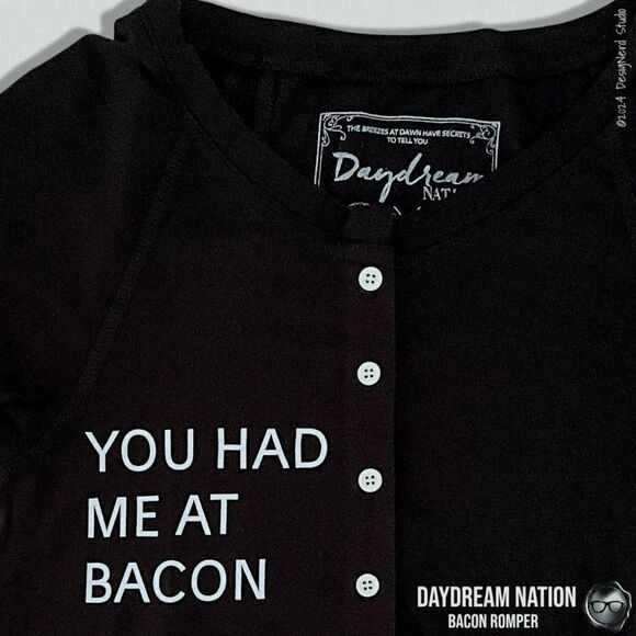 DAYDREAM NATION BACON ROMPER UNION SUIT IN BLACK COTTON/MODAL UNISEX SIZE SMALL - Picture 5 of 16